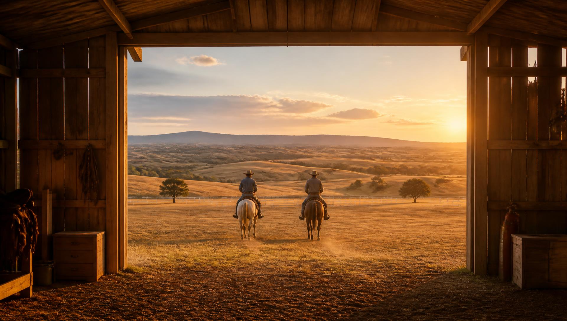 Sunset paddock seen from a barn doorway with two riders heading out